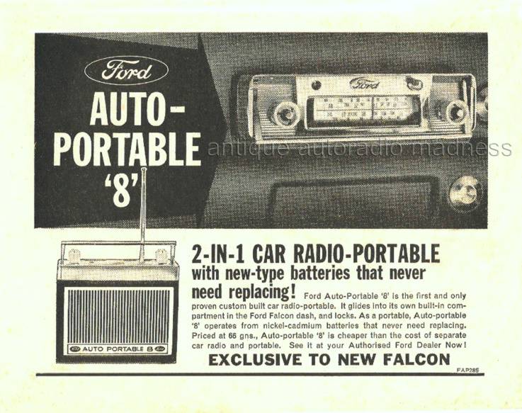 Publicité vintage "Auto portable" autoradio pour FORD Falcon avec accu NiCd - 1963