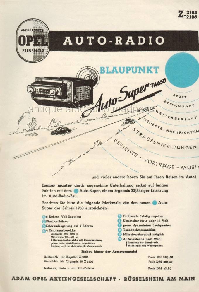 Vintage OPEL car radio advertising - Model Blaupunkt Auto-Super 7A650 (Z-2105 & Z-2106)  - Year 1950