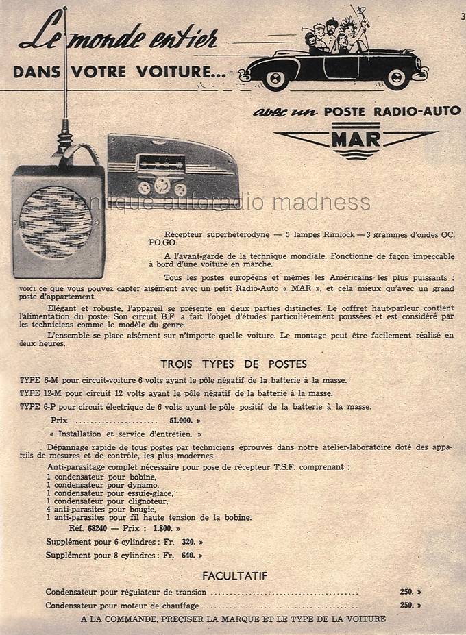 Publicité vintage du fabricant d'autoradios MAR (1957) - Console de montage PEUGEOT
