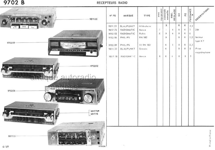 Document technique PEUGEOT 1969 - Offre gamme autoradios (9702 B)