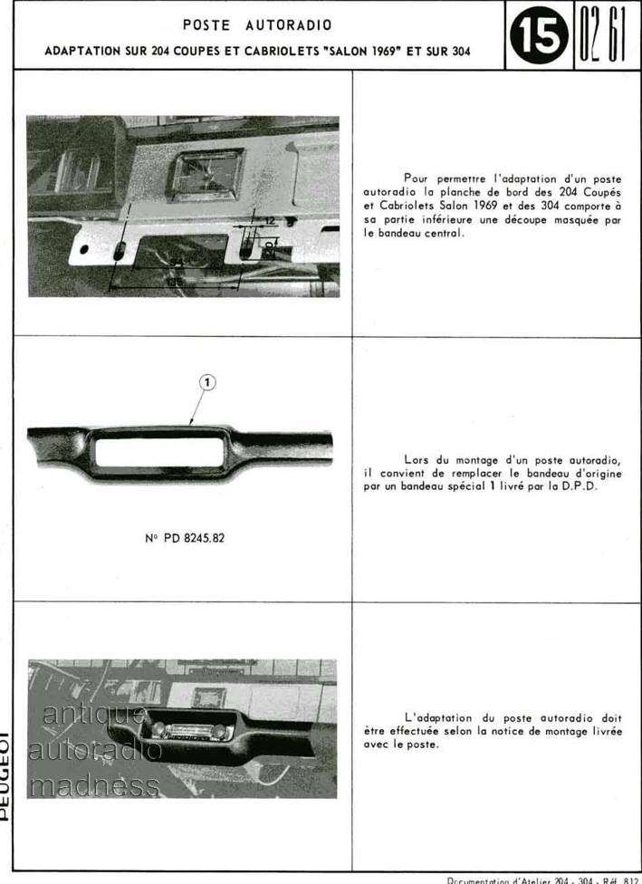 Documentation atelier PEUGEOT 204 - 304 (1969) montage autoradio