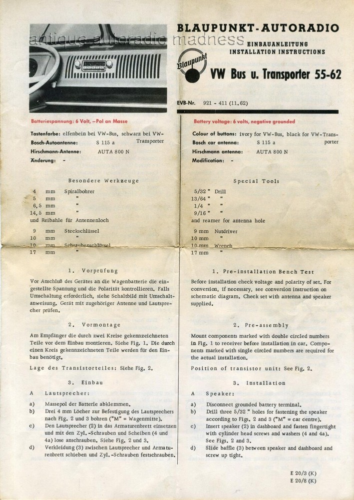 Vintage VW car radio technical infos - 1955 - BLAUPUNKT - VW Bus & Transporter