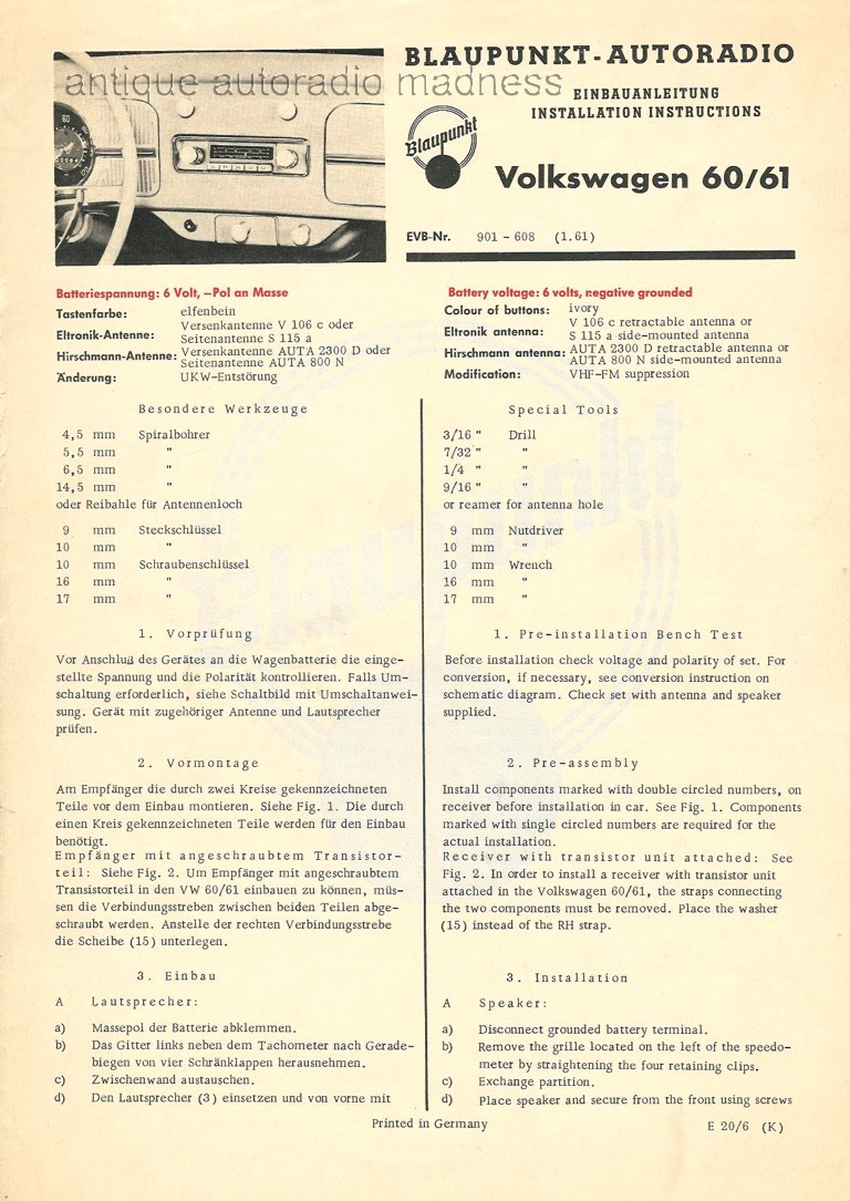 Vintage VW car radio installation instructions - 1960 - BLAUPUNKT