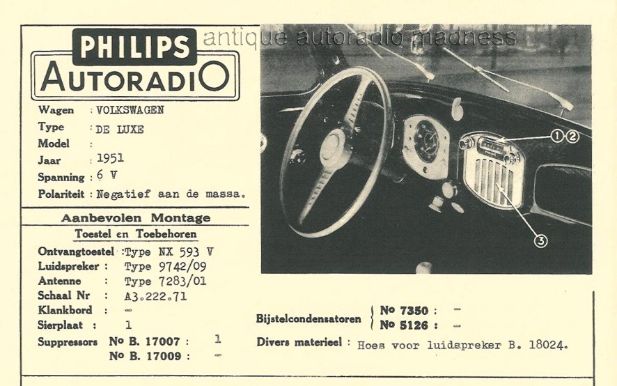 Vintage VW car radio (1951) PHILIPS model NX 593 V - Technical infos