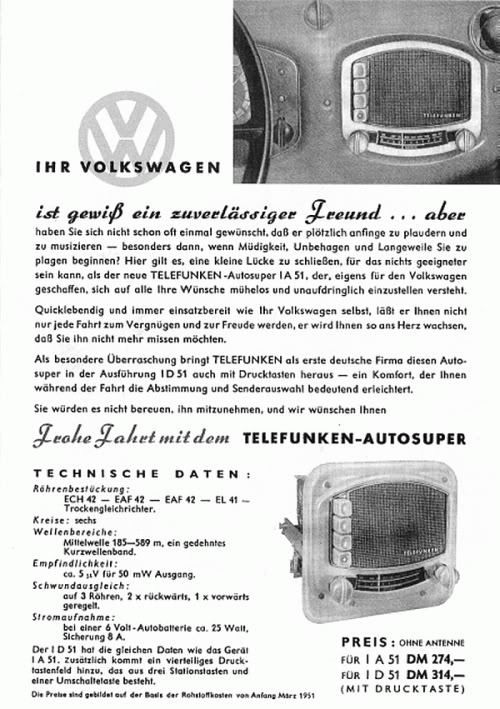 Vintage VW car radio TELEFUNKEN advertising - 1951 - Models IA51 - ID51