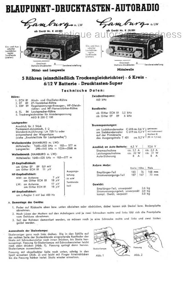 Vintage BLAUPUNKT car radio year 1956 - model Hamburg (serie K) - Technical informations