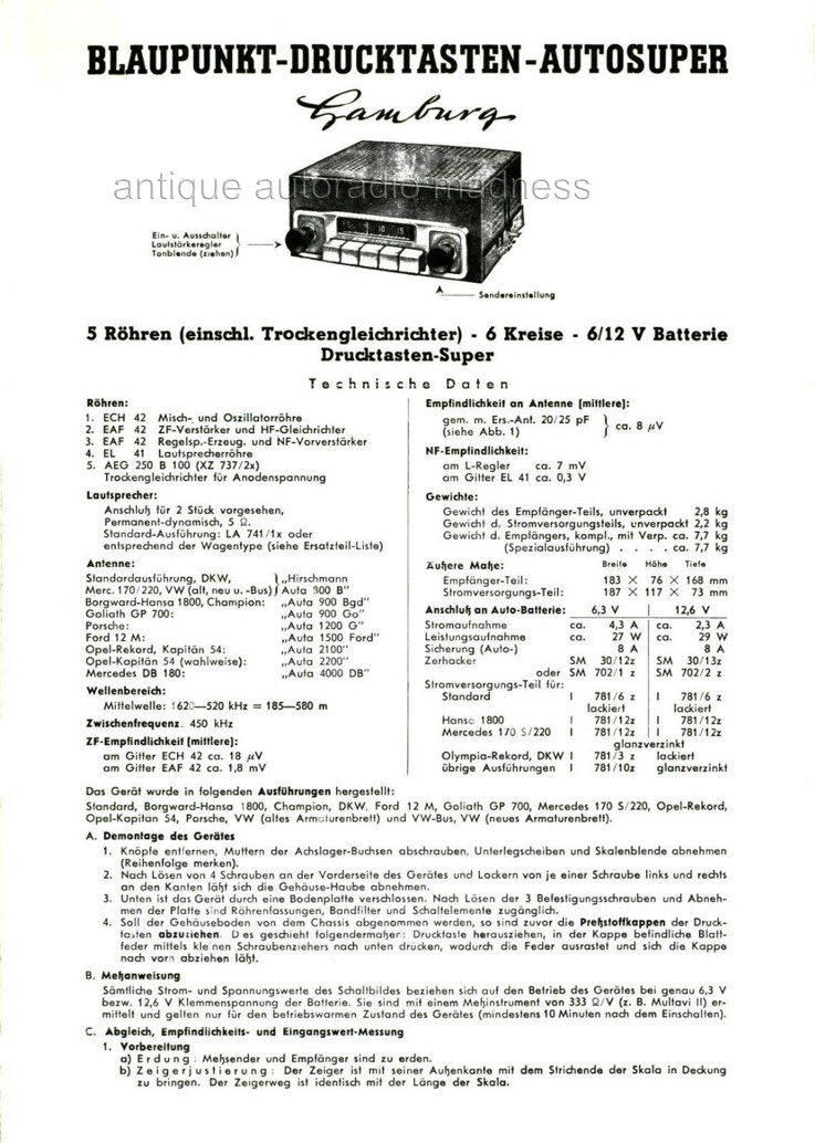 Vintage BLAUPUNKT car radio model Hamburg - 1958
