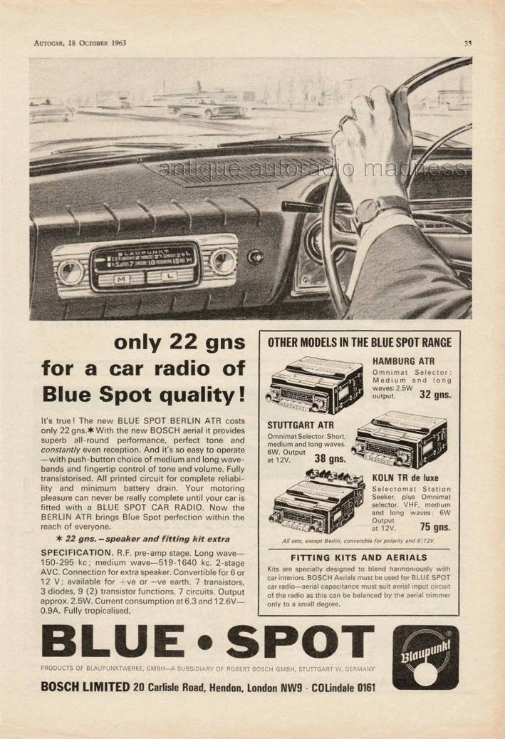 Blaupunkt car stereo advertising - 1963 - "Models in the Blue Spot range"