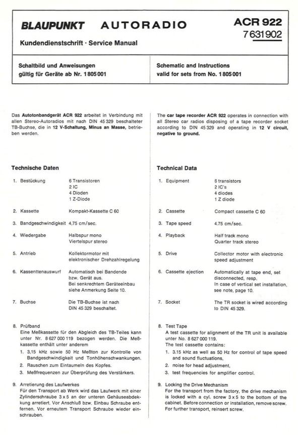 Vintage BLAUPUNKT car radio cassette player model : ACR 922  7 631 902 - 1971 - 1