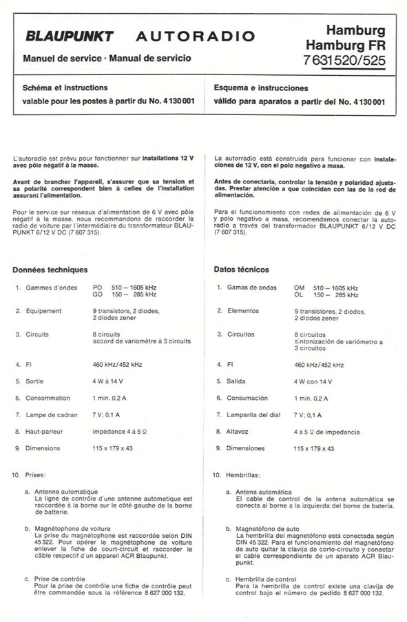 Vintage BLAUPUNKT car radio model : Hamburg 7 631 520 - 1971 - 2