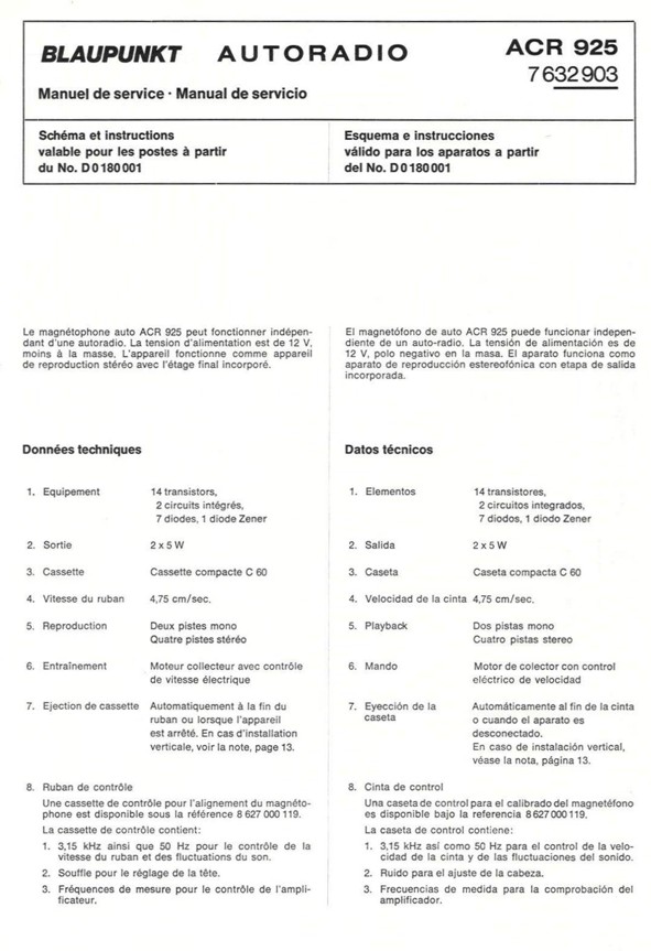 Vintage BLAUPUNKT car cassette player model: ACR 925  7 632 903 - 1