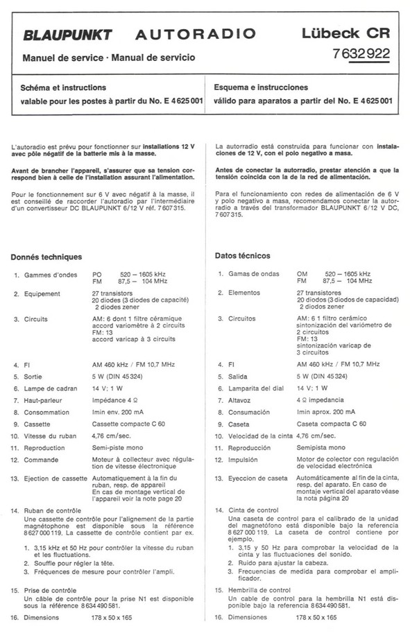 Vintage BLAUPUNKT car radio model: Lubeck CR  7 632 922 - 1