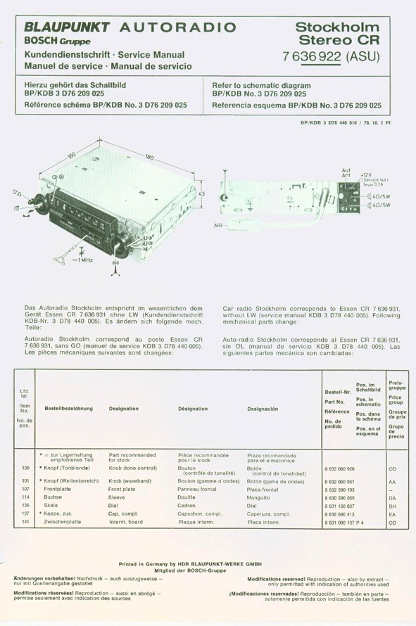 Classic BLAUPUNKT car radio model Stockolm Stereo CR - 7 636 922 (ASU)