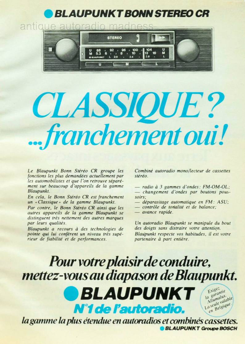 Publicit vintage (1978) de l'autoradio BLAUPUNKT type BONN Stereo CR 