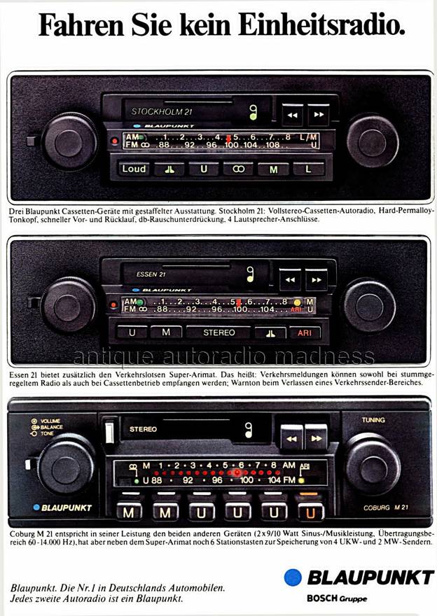 Vintage BLAUPUNKT car stereo advertising models: Stockholm 21, Essen 21, Coburg M21 -  year 1981 (Germany)