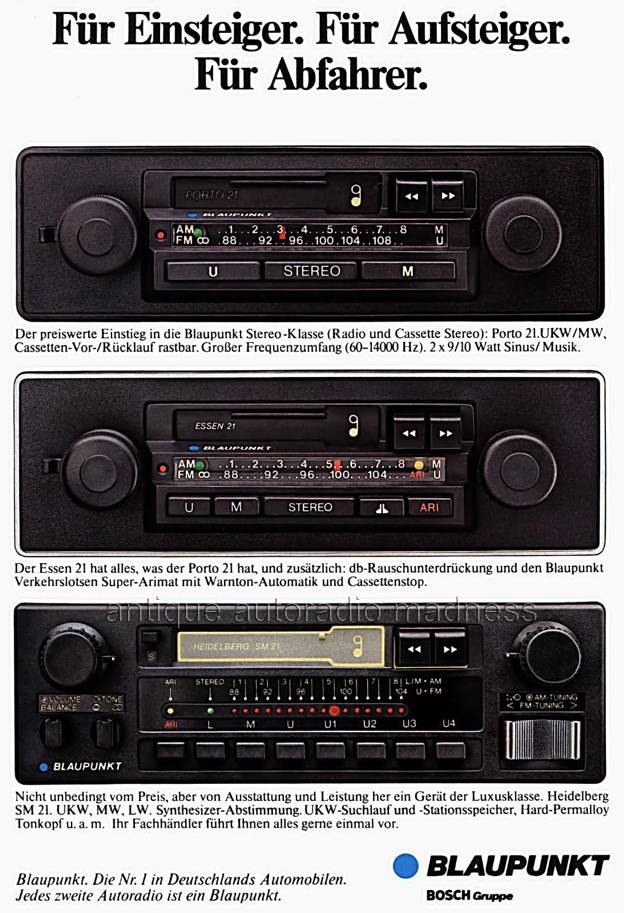 Vintage BLAUPUNKT car stereo advertising models: Porto 21, Essen 21, Heidelberg SM21 -  year 1981 (Germany)
