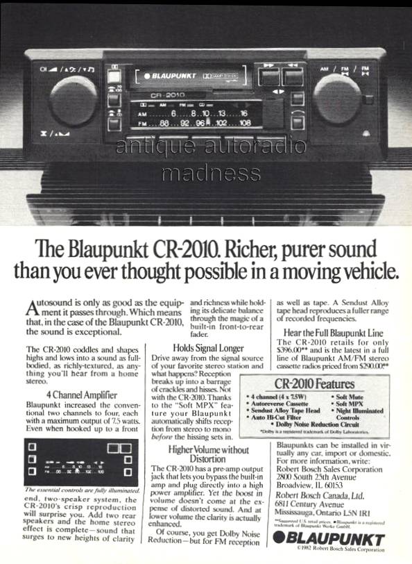 Vintage BLAUPUNKT car stereo advertising model: CR2010  year 1982 (USA)