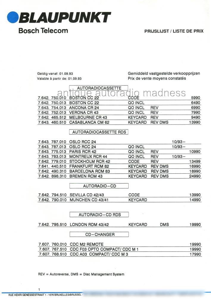 Classic BLAUPUNKT car stereo Price List - year 1993 (Belgium) Fr - 1