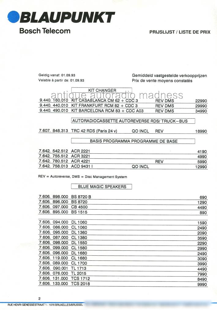 Classic BLAUPUNKT car stereo Price List - year 1993 (Belgium) Fr - 2