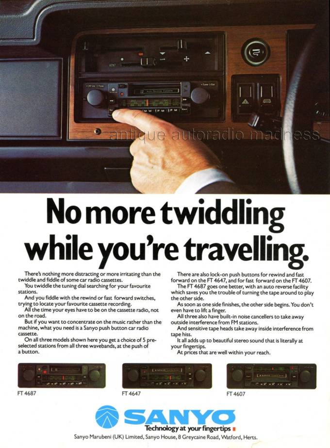 SANYO car stereo adverising (1978) - "No more twiddling while you're travelling"