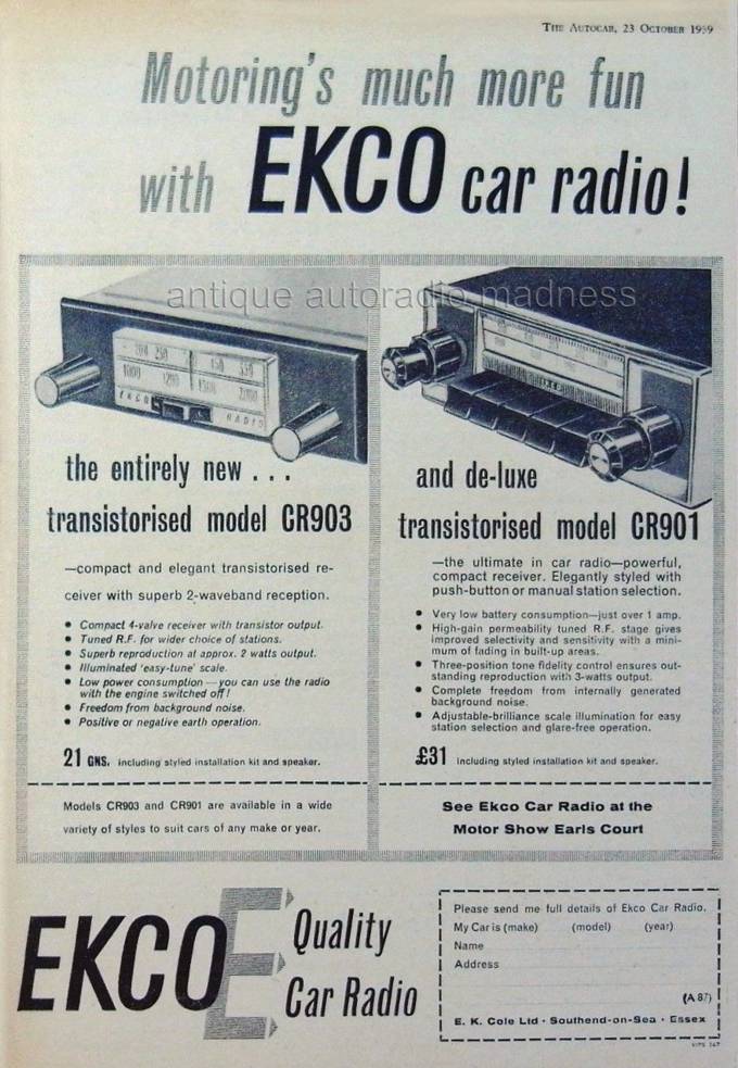 Old school EKCO car radio advertising (1959) - "New transistorised car radios models CR901 - CR903