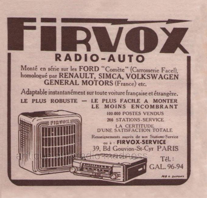 Publicité vintage de presse française FIRVOX auto-radio de 1952
