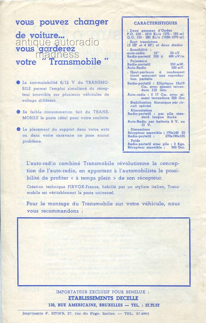 Tarif belge autoradios FIRVOX année 1960  