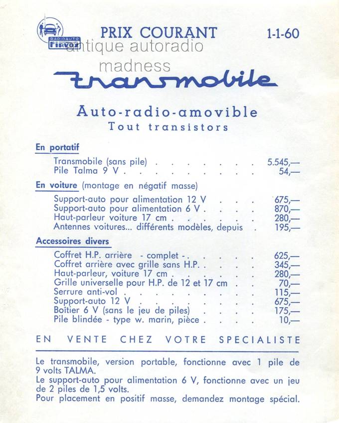 Tarif belge autoradios FIRVOX année 1960 - 2