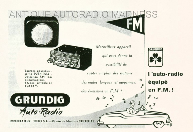 Publicité belge GRUNDIG car radio - Importateur JOBO S.A. Bruxelles