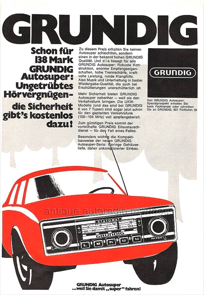 Ancienne publicité allemande GRUNDIG car stereo - année 1972