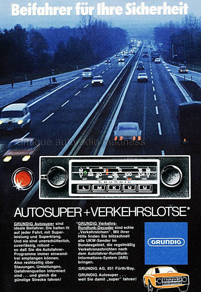 Ancienne publicité GRUNDIG car radio - Apparition du décodeur de trafic ARI