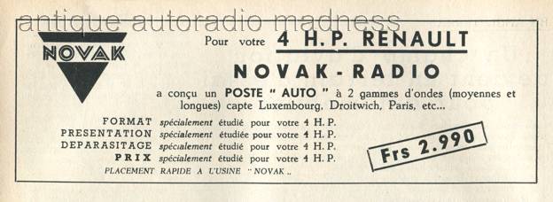 Autoradio vintage NOVAK 1950 - Publicit spcifique RENAULT 4 CV
