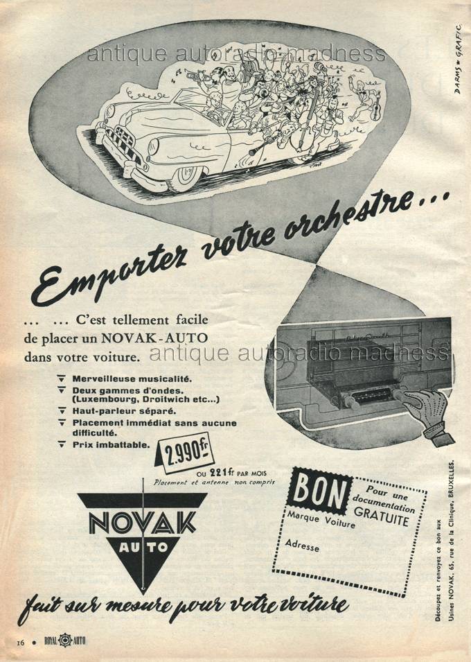 Publicit ancienne autoradios NOVAK parue dans la revue Royal Auto en janvier 1952