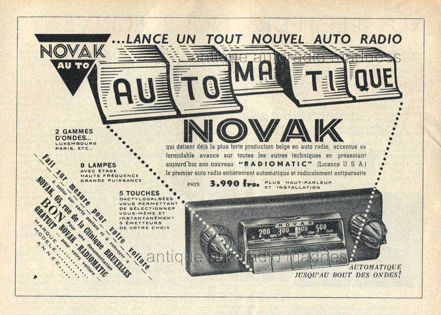 Autoradio vintage NOVAK - Publicit de presse Royal Auto de mars 1954 -  Apparition du claver  prslections