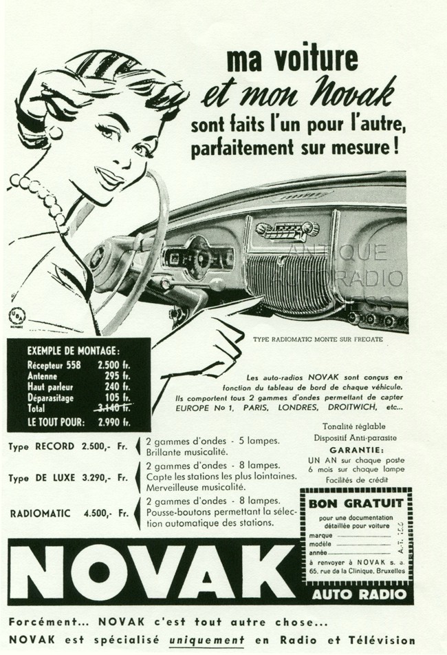 Publicit ancienne autoradios NOVAK parue dans la revue Royal Auto en juin 1955