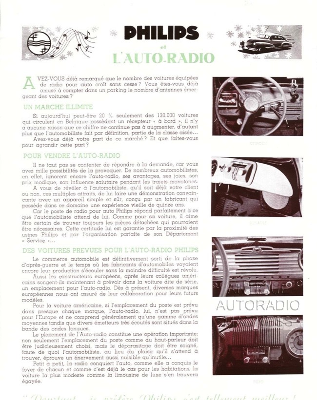 Publicité de la gamme autoradios PHILIPS pour l'automobile 1949
