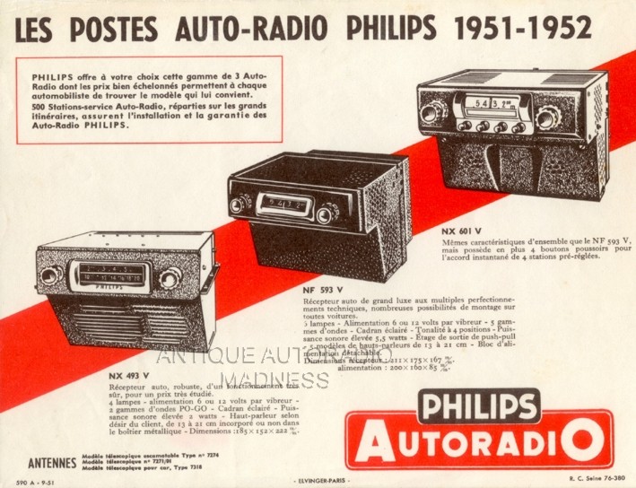 Vintage PHILIPS car radio advertising - Range of car radio models 1951-1952