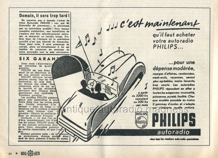 Ancienne publicité autoradio PHILIPS de 1952 - Argumentaire