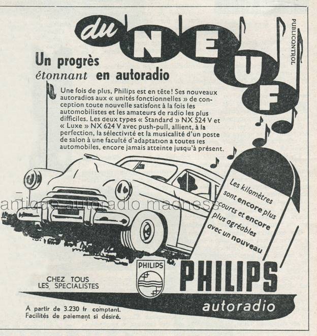 Old PHILIPS car radio advertisement, models NX 524 V et NX 624 V