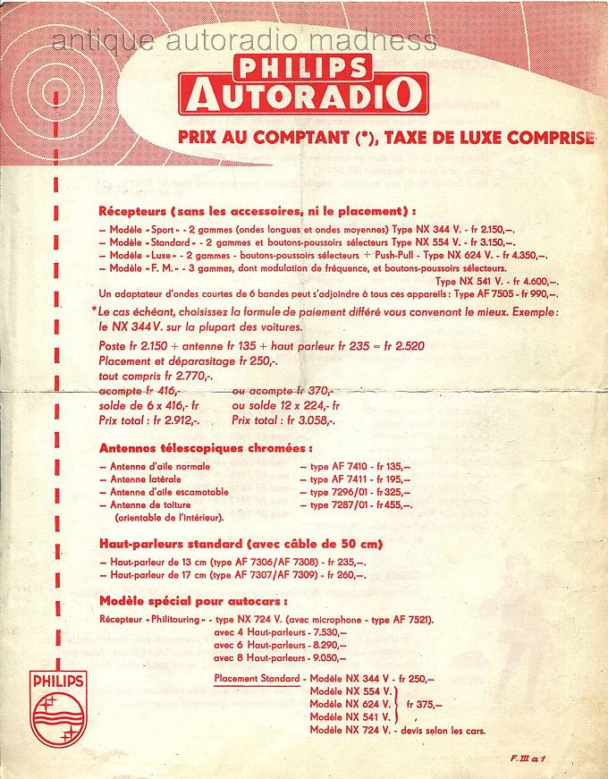 Philips car radio price list year 1955
