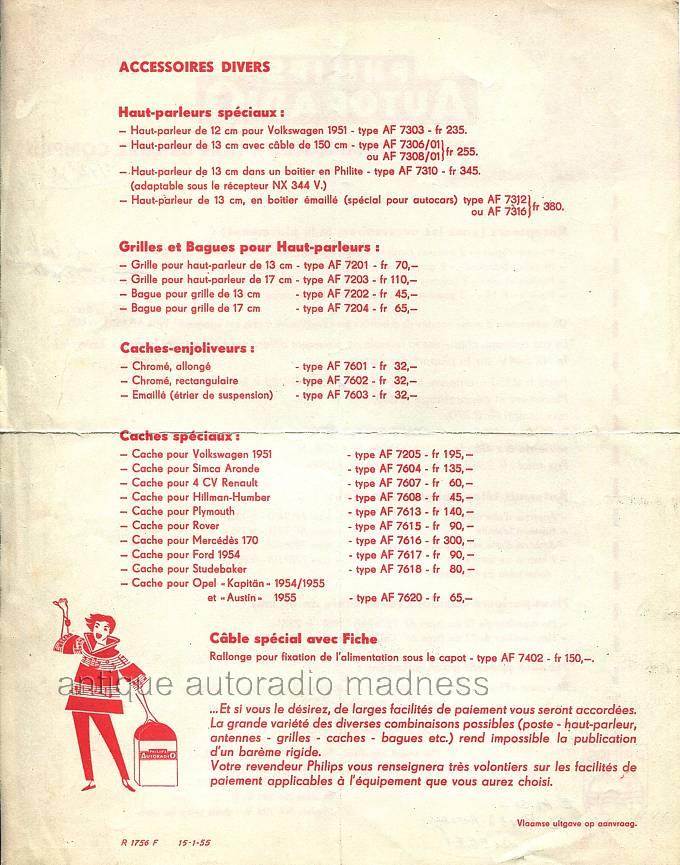 Philips car radio price list year 1955 - 2