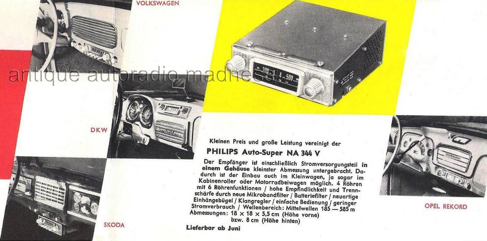 Old PHILIPS car radio catalog year 1956: model NA 344 V (VW - OPEL - DKW - SKODA)