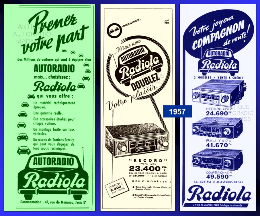 Several vintage RADIOLA car radio advertisements year 1957