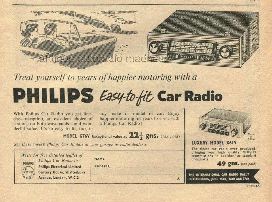 Old PHILIPS car radio advert. model : G76V "Easy to fit" and Luxury model X61V