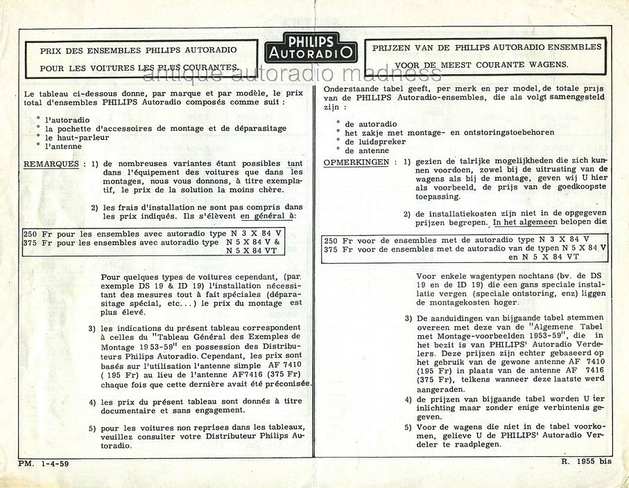 PHILIPS : belgian price list year 1959 - 4