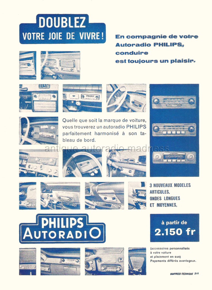 Vintage PHILIPS car radio advert. "Car radio installation view for 3 new car radios"