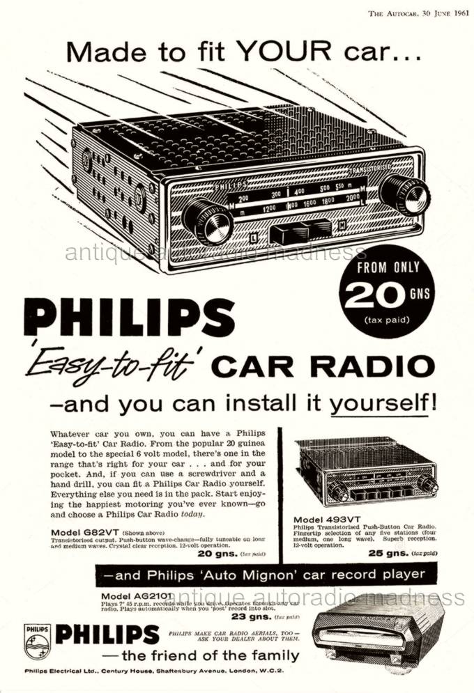 Vintage PHILIPS car radios advert. models AG2101, 493VT, G82VT  "easy to fit"