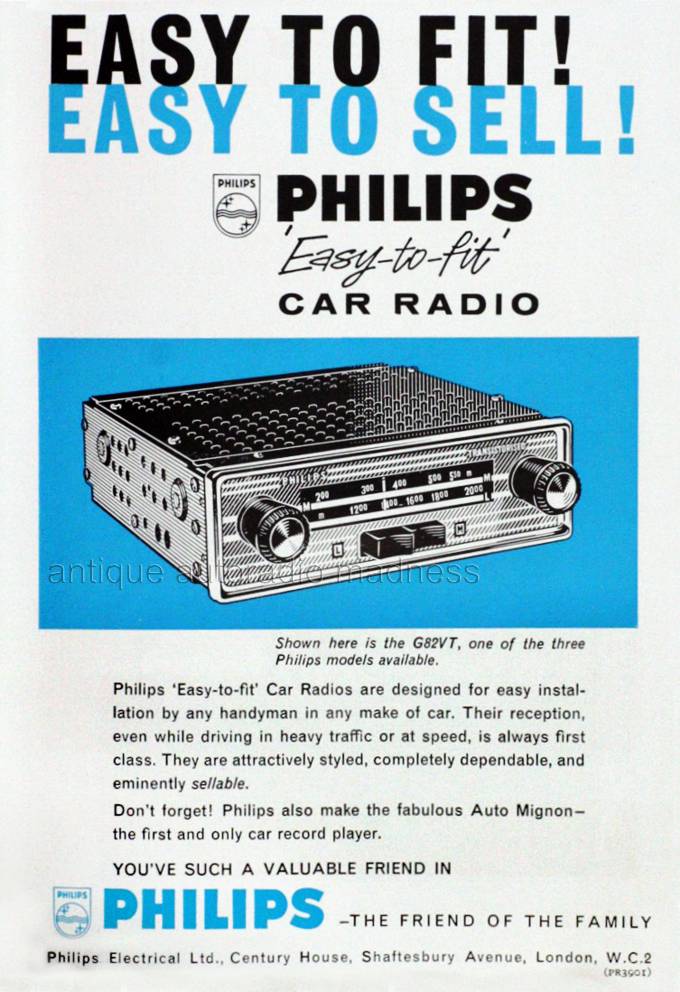 Oldschool PHILIPS car radio advertisement model G82VT "Easy to Fit"