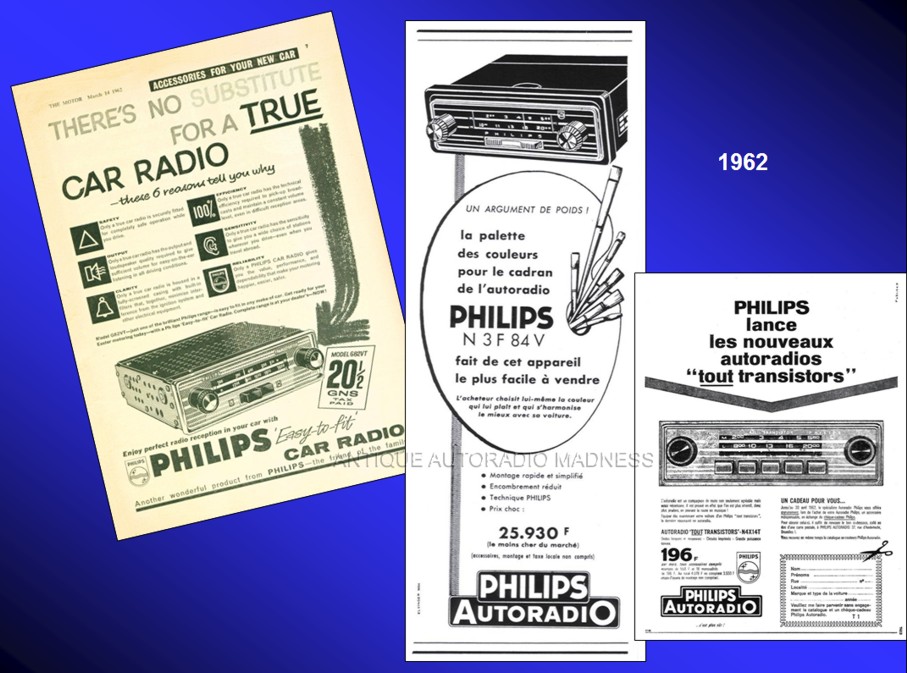 Several PHILIPS car radio advertisements year 1962