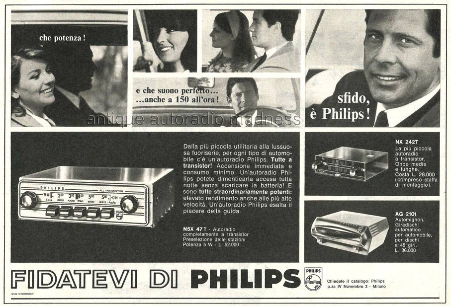 Vintage PHILIPS car radio advertising models NX 242T, AG 2101, N5X 47T